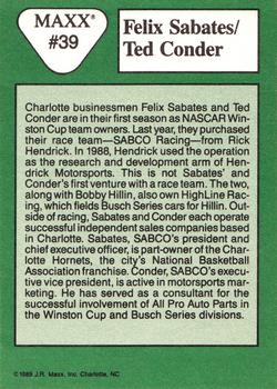 1989 Maxx #39 Ted Conder / Felix Sabates Back