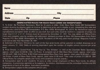 1991 Maxx #NNO Maxx Race Cards 500 Sweepstakes Back