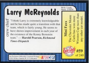 1991 Maxx #59 Larry McReynolds Back