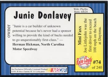 1991 Maxx #74 Junie Donlavey Back