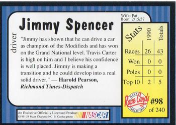 1991 Maxx #98 Jimmy Spencer Back