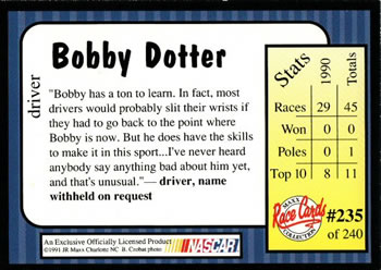 1991 Maxx #235 Bobby Dotter Back