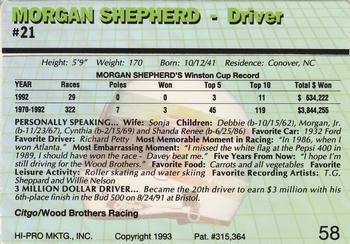 1993 Action Packed #58 Morgan Shepherd Back