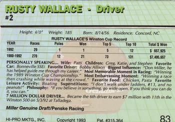 1993 Action Packed #83 Rusty Wallace Back