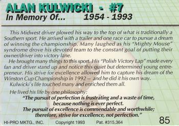 1993 Action Packed #85 Alan Kulwicki Back