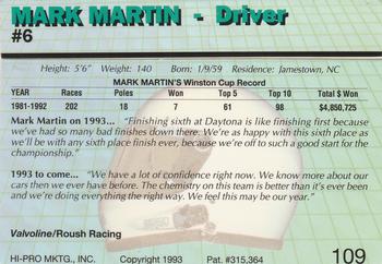 1993 Action Packed #109 Mark Martin Back