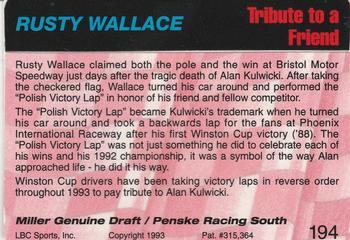 1993 Action Packed #194 Rusty Wallace Back