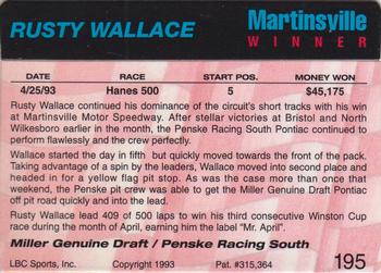 1993 Action Packed #195 Rusty Wallace Back