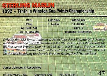 1993 Action Packed #47 Sterling Marlin Back