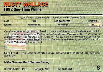 1993 Action Packed #6 Rusty Wallace Back