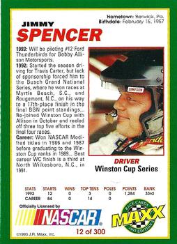 1993 Maxx #12 Jimmy Spencer Back