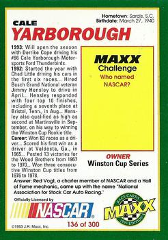 1993 Maxx #136 Cale Yarborough Back