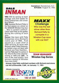 1993 Maxx #182 Dale Inman Back