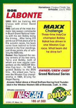 1993 Maxx #185 Bob Labonte Back