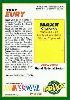 1993 Maxx #189 Tony Eury Back