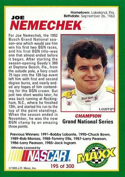 1993 Maxx #195 Joe Nemechek Busch Champ Back