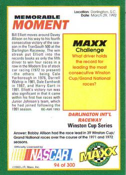1993 Maxx #94 Davey Allison / Elliott Cars Back