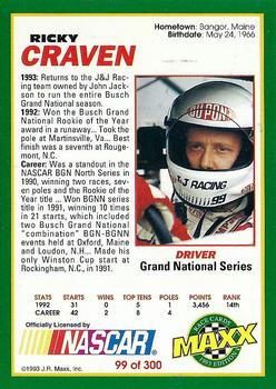 1993 Maxx #99 Ricky Craven Back