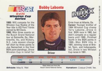 1993 Maxx Premier Plus #22 Bobby Labonte Back