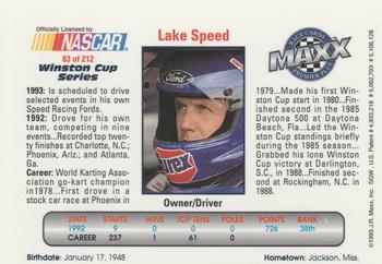 1993 Maxx Premier Plus #83 Lake Speed Back