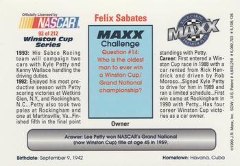 1993 Maxx Premier Plus #92 Felix Sabates Back