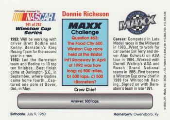 1993 Maxx Premier Plus #141 Donnie Richeson Back