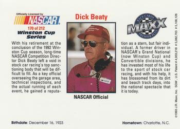 1993 Maxx Premier Plus #170 Dick Beaty Back