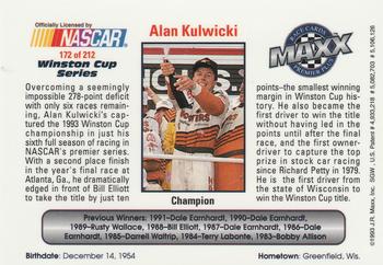 1993 Maxx Premier Plus #172 Alan Kulwicki WC Champ Back