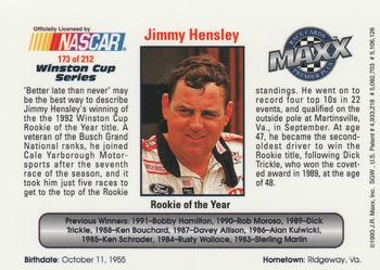 1993 Maxx Premier Plus #173 Jimmy Hensley WC ROY Back