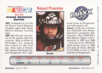1993 Maxx Premier Plus #59 Robert Pressley Back