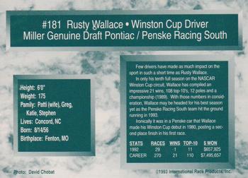 1993 Traks #181 Rusty Wallace Back