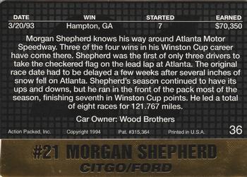 1994 Action Packed #36 Morgan Shepherd Back