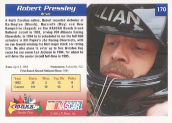 1994 Maxx #170 Robert Pressley Back