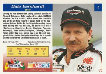 1994 Maxx #3 Dale Earnhardt Back