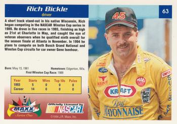 1994 Maxx #63 Rich Bickle Back