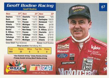 1994 Maxx #67 Geoff Bodine Racing Back