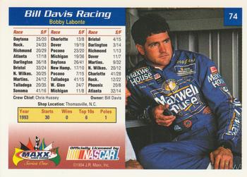 1994 Maxx #74 Bill Davis Racing Back