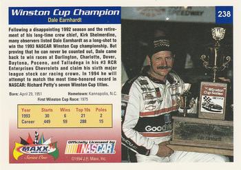 1994 Maxx #238 Winston Cup Champion Back