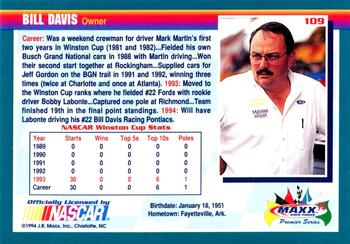 1994 Maxx Premier Series #109 Bill Davis Back