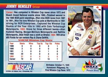 1994 Maxx Premier Series #4 Jimmy Hensley Back