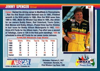 1994 Maxx Premier Series #12 Jimmy Spencer Back