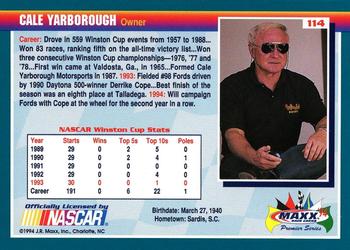 1994 Maxx Premier Series #114 Cale Yarborough Back