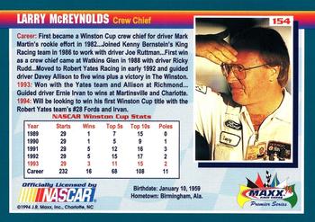 1994 Maxx Premier Series #154 Larry McReynolds Back