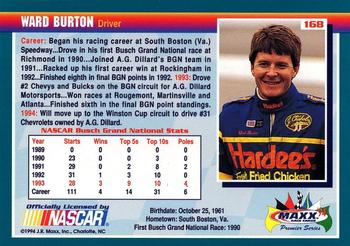 1994 Maxx Premier Series #168 Ward Burton Back