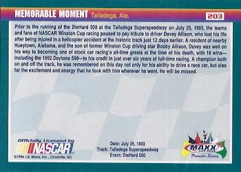 1994 Maxx Premier Series #203 Talladega Speedway Back