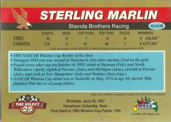 1994 Maxx - Select 25 #15 Sterling Marlin Back