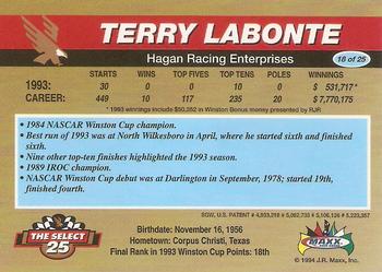 1994 Maxx - Select 25 #18 Terry Labonte Back