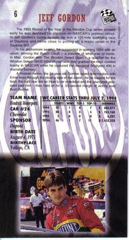 1994 Press Pass Optima XL #6 Jeff Gordon Back