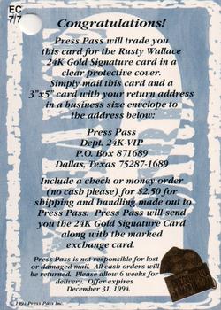 1994 Press Pass VIP - 24K Gold Redemption #EC7 Rusty Wallace Back