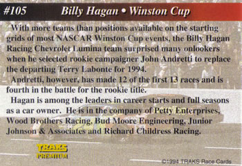 1994 Traks #105 Billy Hagan Back